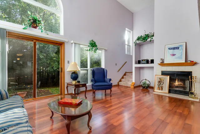 a living room with furniture a fireplace and a floor to ceiling window
