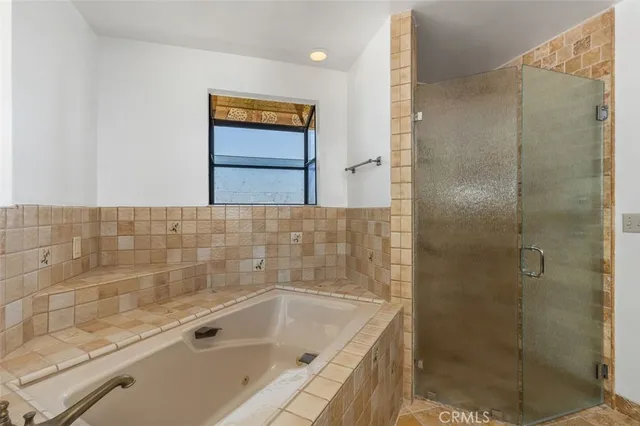 a bathroom with a bathtub and a shower