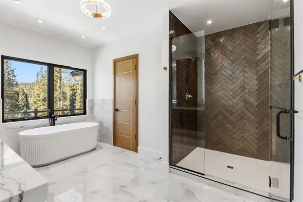 a bathroom with a bathtub and a shower