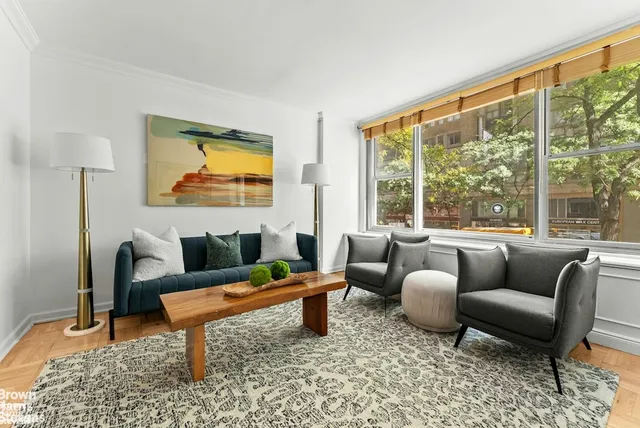 a living room with furniture and a rug