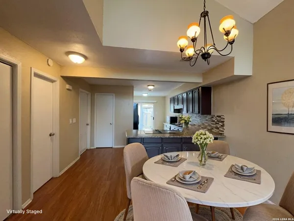 a view of a dining room with furniture