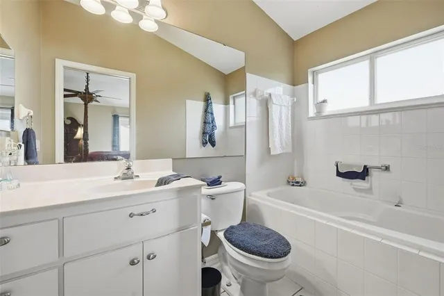 a bathroom with a tub a sink and a large mirror