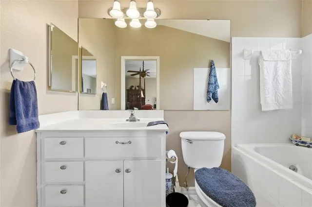 a bathroom with a toilet a sink a tub and mirror