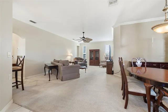 a view of a dining room with furniture