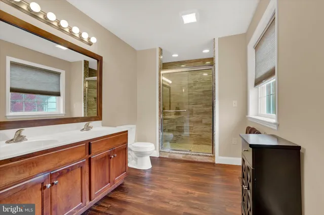 a bathroom with a double vanity sink a toilet and a shower