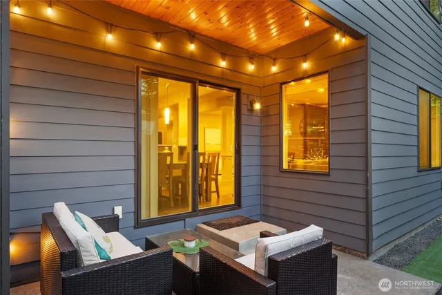 a building outdoor space with patio furniture