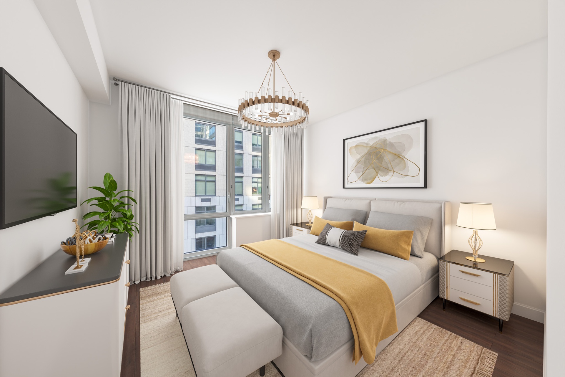 80 Riverside Boulevard, Unit 5S Manhattan, NY 10069 - Photo 7 of 24 a bedroom with a large bed and a chandelier