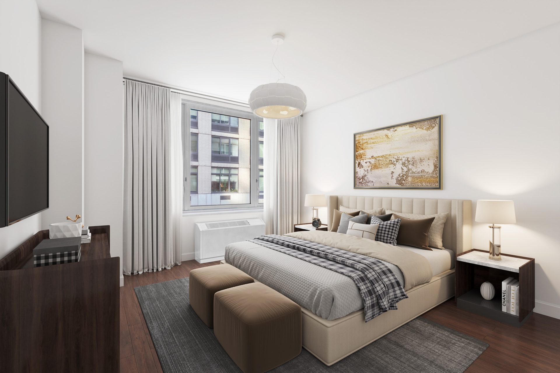 80 Riverside Boulevard, Unit 5S Manhattan, NY 10069 - Photo 9 of 24 a bedroom with bed and a flat tv screen