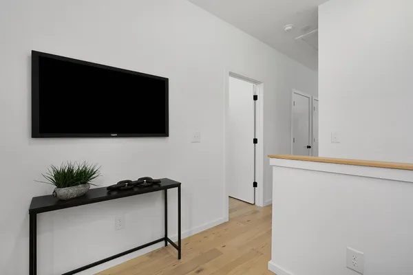 a living room with flat screen tv and a potted plant