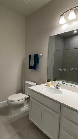 a bathroom with a sink a toilet and mirror