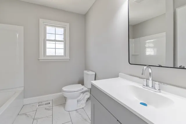 a bathroom with a sink a toilet and mirror