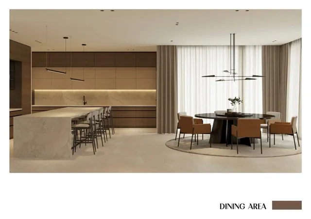 a dining room with furniture and a window