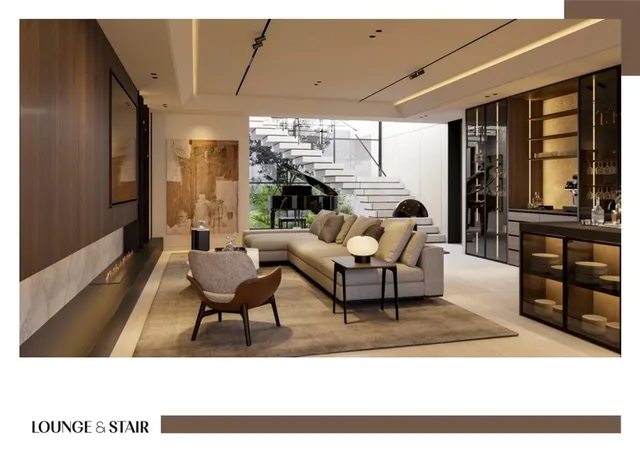 a living room with furniture a large window and wooden floor