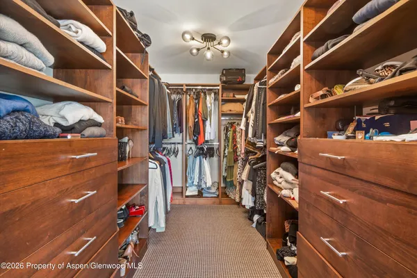 a view of walk in closet with clothes and shoes