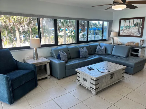 a living room with furniture and a large window