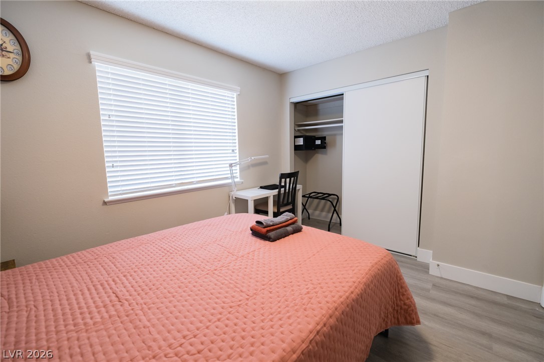 6356 West Viking Road Las Vegas, NV 89103 - Photo 43 of 51 A spacious window with blinds illuminates this bedroom featuring smooth laminate flooring and a closet.