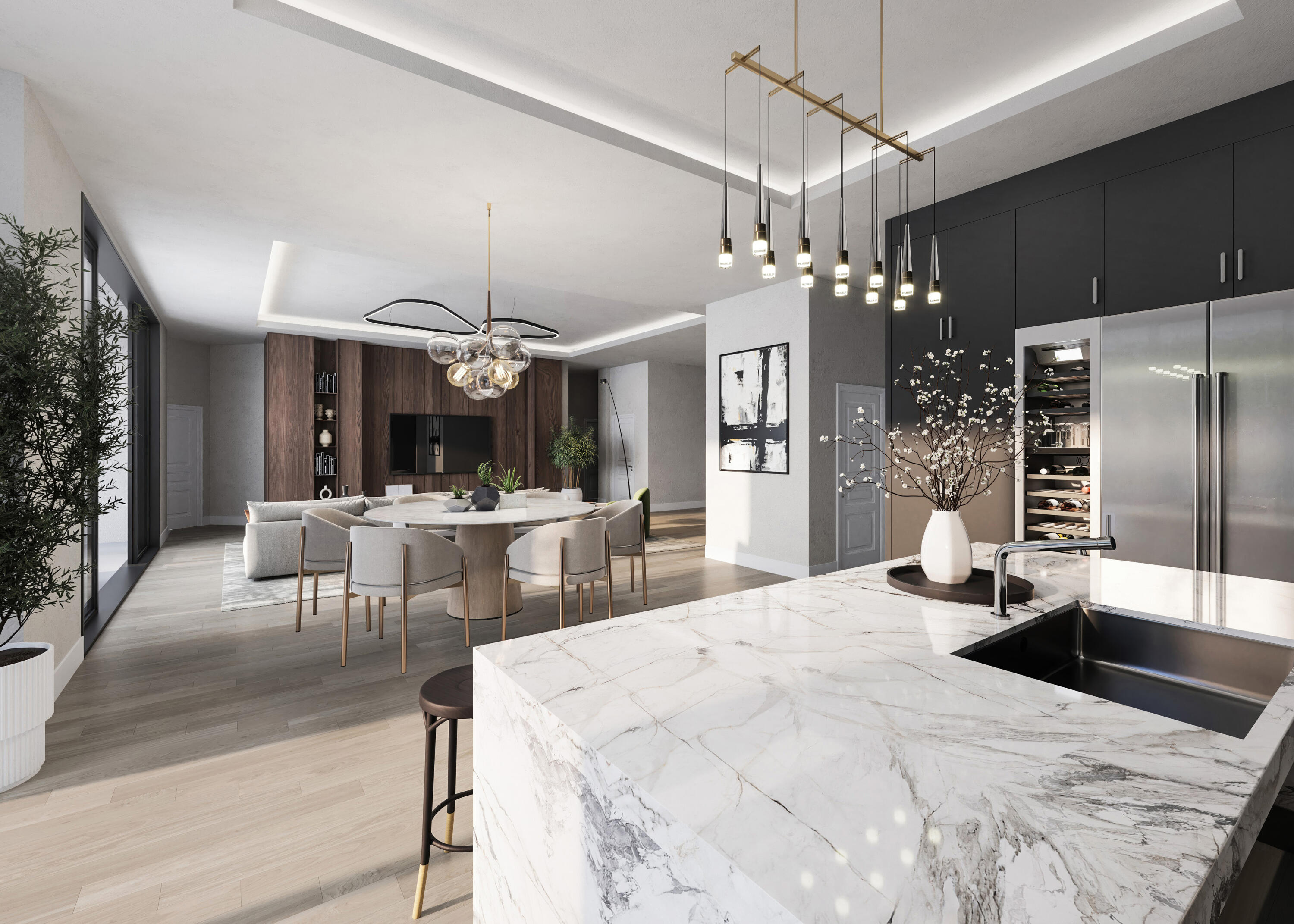 757 Appleby Street Boca Raton, FL 33487 - Photo 5 of 7 a dining hall with a dining table a chandelier and refrigerator