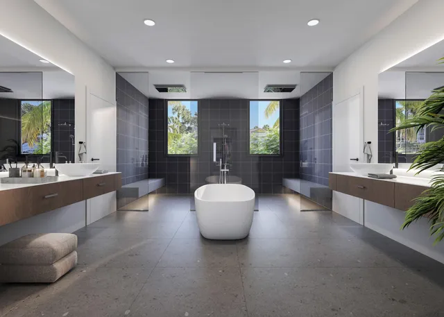 a bathroom with a double vanity sink tub and mirror