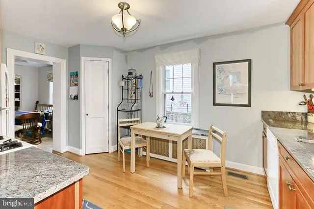 a view of a dining room with furniture