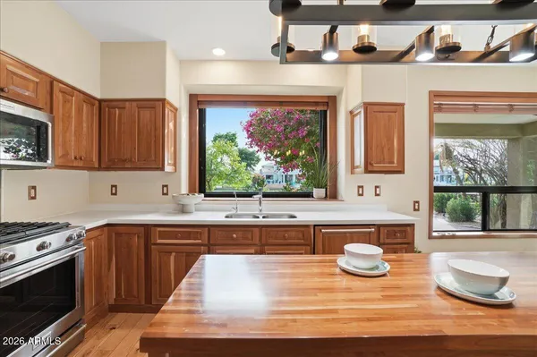 a view of a kitchen with furniture and a kitchen