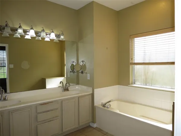 a bathroom with a tub sink and mirror