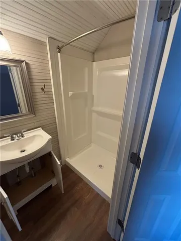 a bathroom with a sink a mirror and a shower