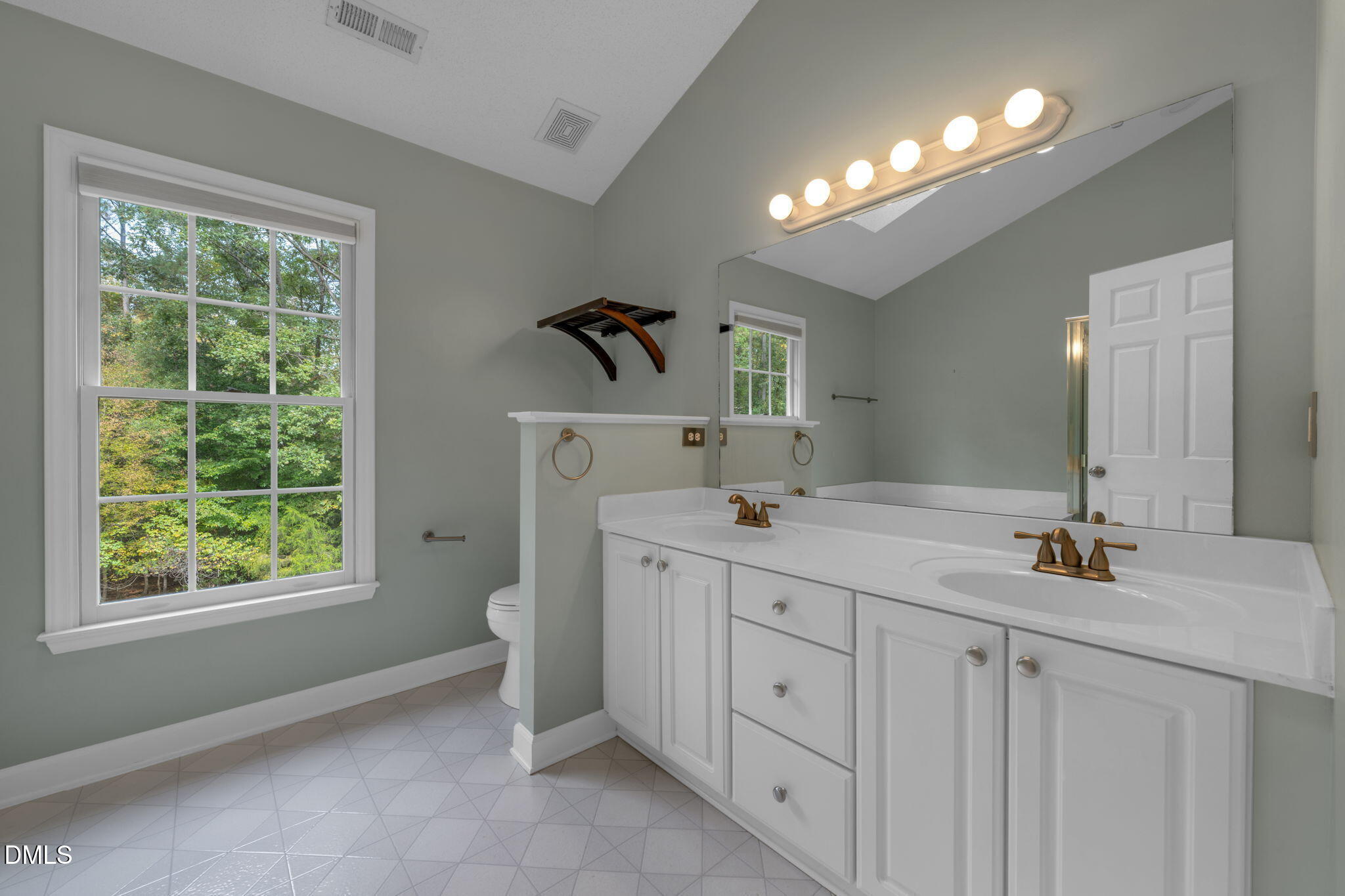 16 Quail Hunt Circle Durham, NC 27712 - Photo 26 of 61 a bathroom with a double vanity sink a toilet a window and mirror