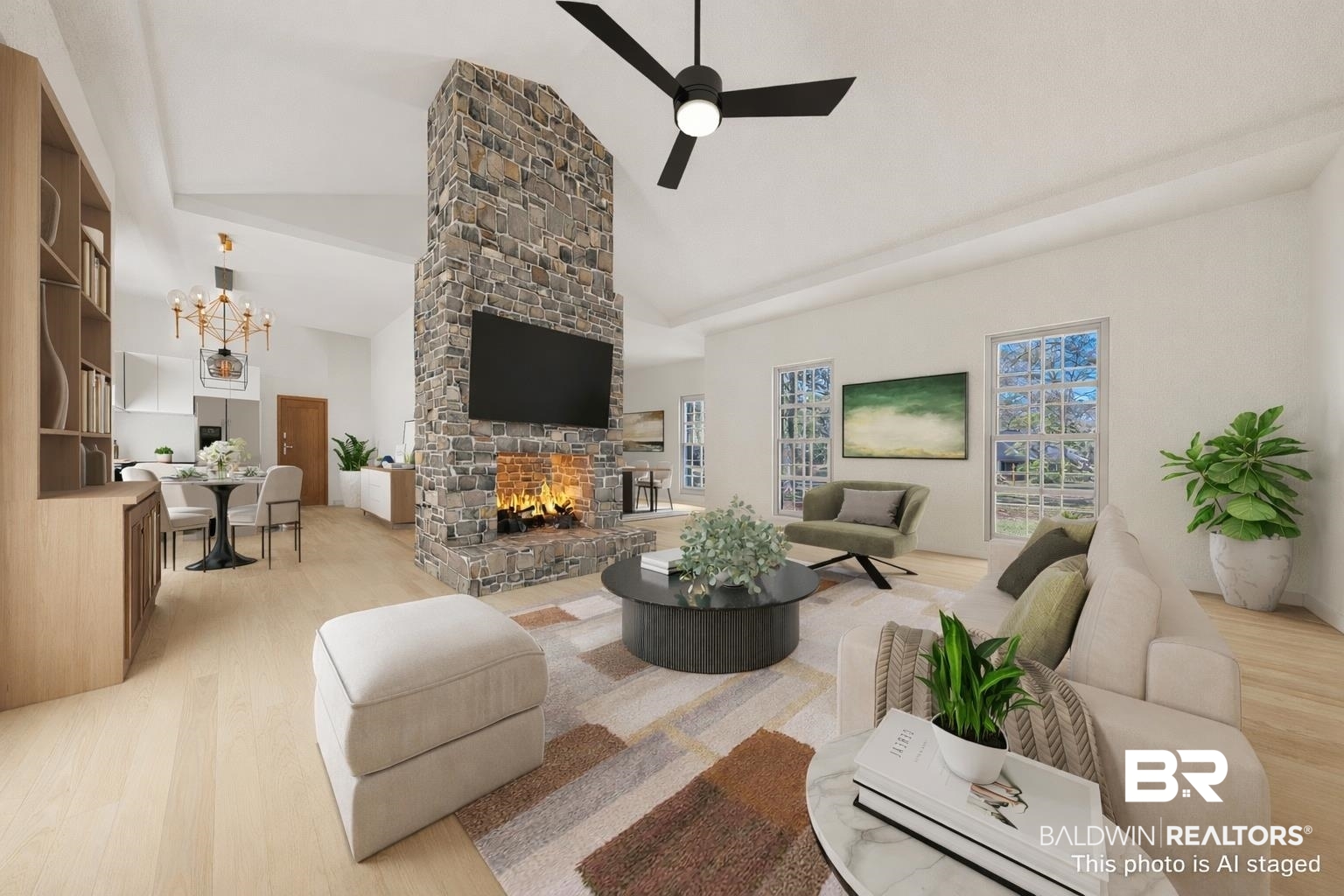 5801 South Fairfax Road Mobile, AL 36608 - Photo 9 of 29 Living room featuring light wood-type flooring, a fireplace, ceiling fan, a chandelier, and lofted ceiling