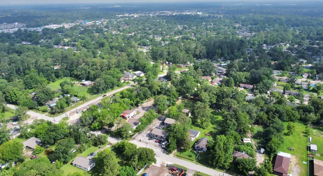 a view of a city with lush green forest
