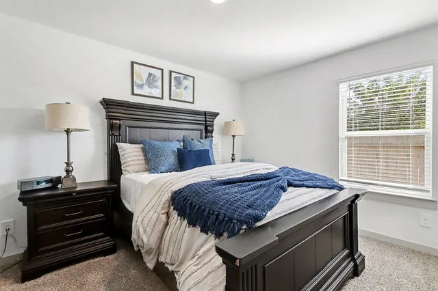 a bedroom with a bed and a chandelier