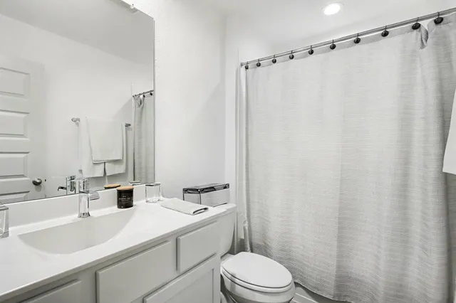 a bathroom with a sink a toilet a mirror and shower curtain