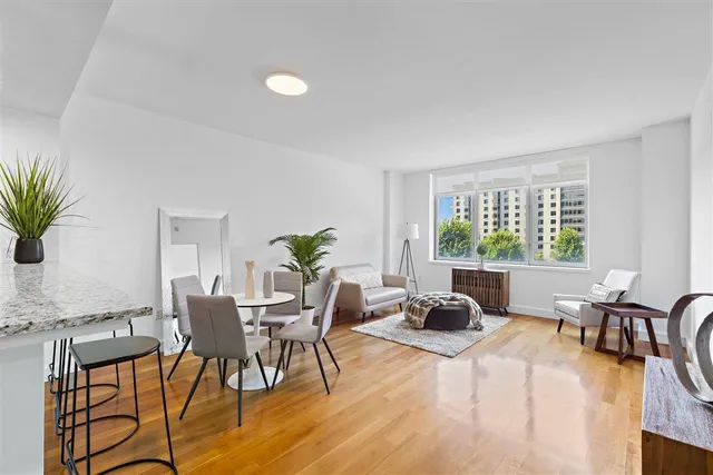 a view of a dining room with furniture window and outside view