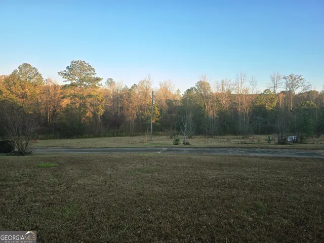 a view of dirt field with trees in background