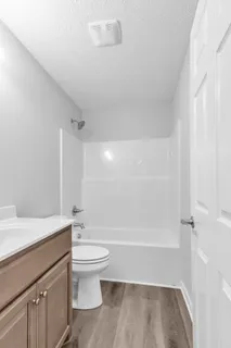 a bathroom with a bathtub shower sink vanity and toilet