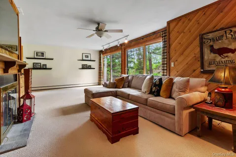 a living room with furniture a flat screen tv and a fireplace