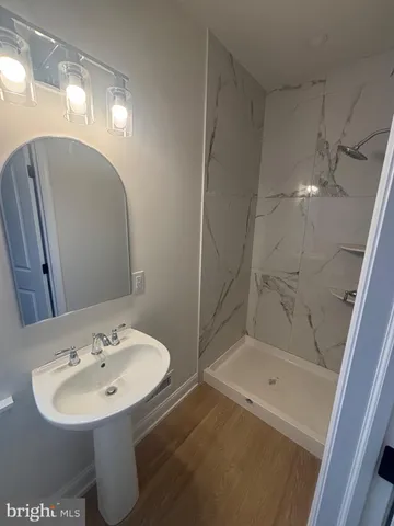 a bathroom with a sink a mirror and a shower