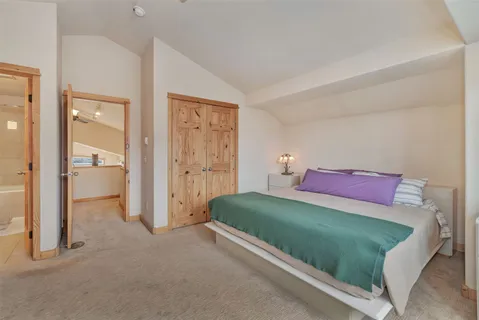 a bedroom with a bed and a view of bathroom
