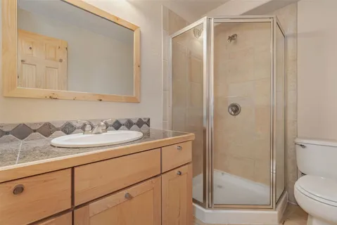 a bathroom with a sink a toilet and shower