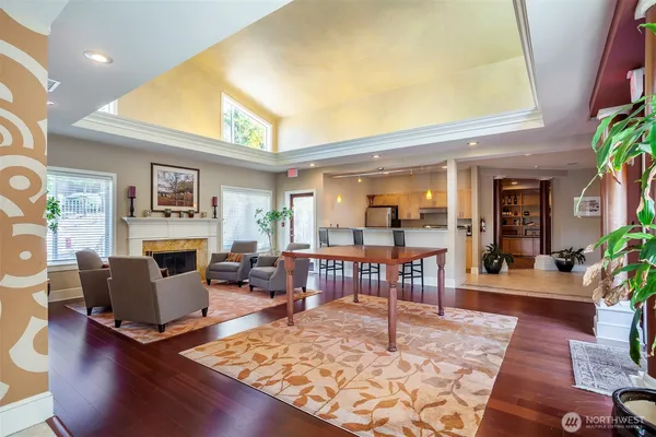 a living room with furniture and a table