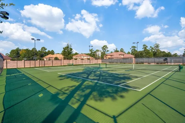 a view of a tennis ground with large trees