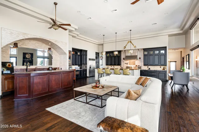a spacious bathroom with a double vanity sink and a mirror