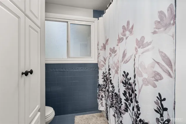 a bathroom with a shower and a toilet