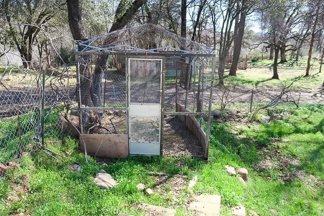 a view of a garden with patio