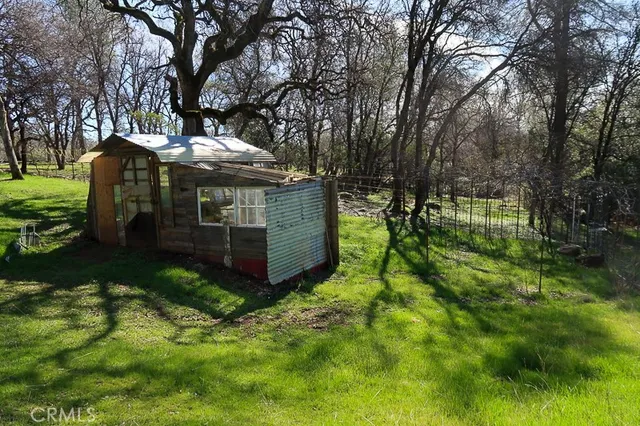 a view of a garden with large trees