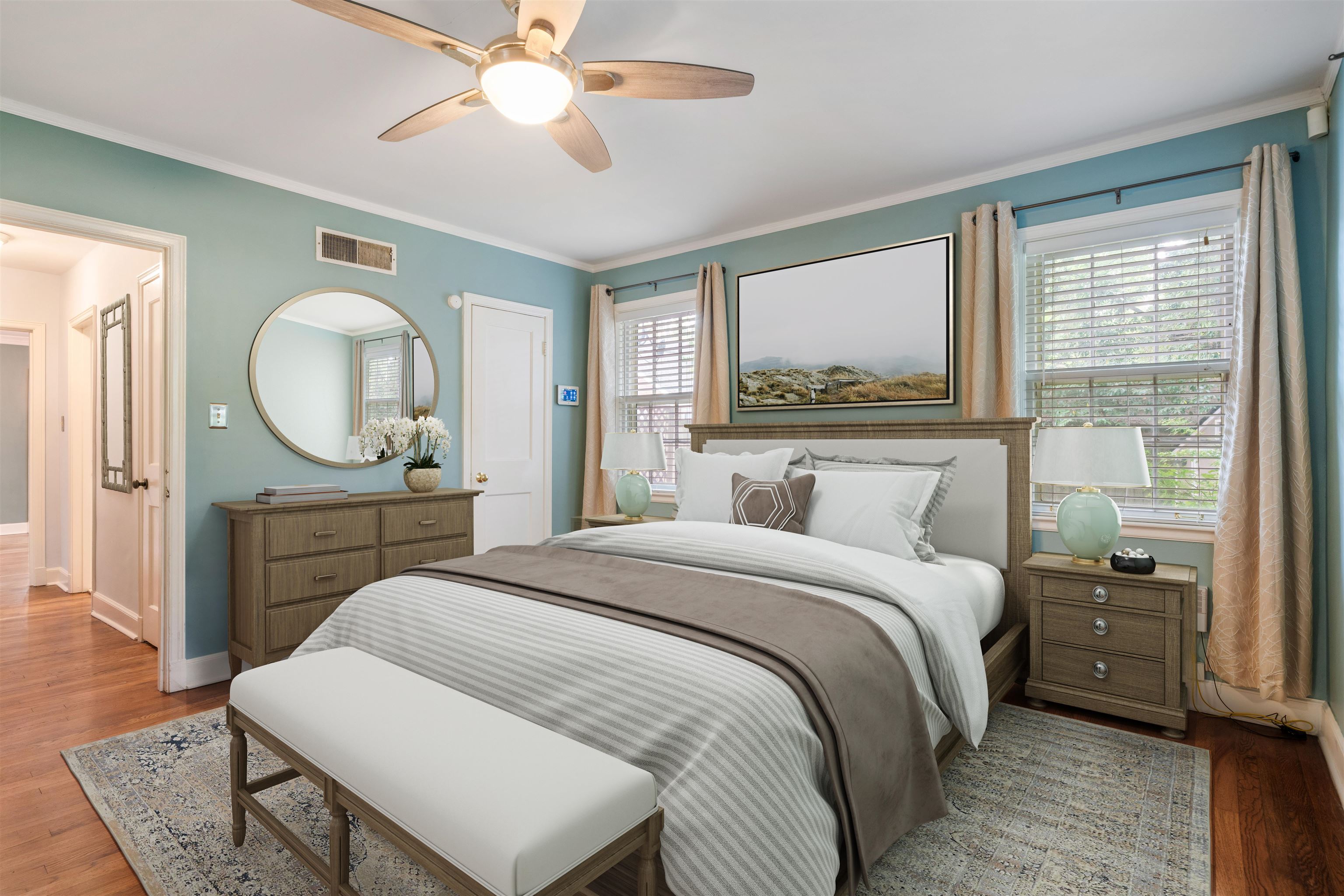 17 North Ashlawn Road Memphis, TN 38112 - Photo 13 of 28 Bedroom with wood finished floors, ornamental molding, and ceiling fan. Stagged for your review.