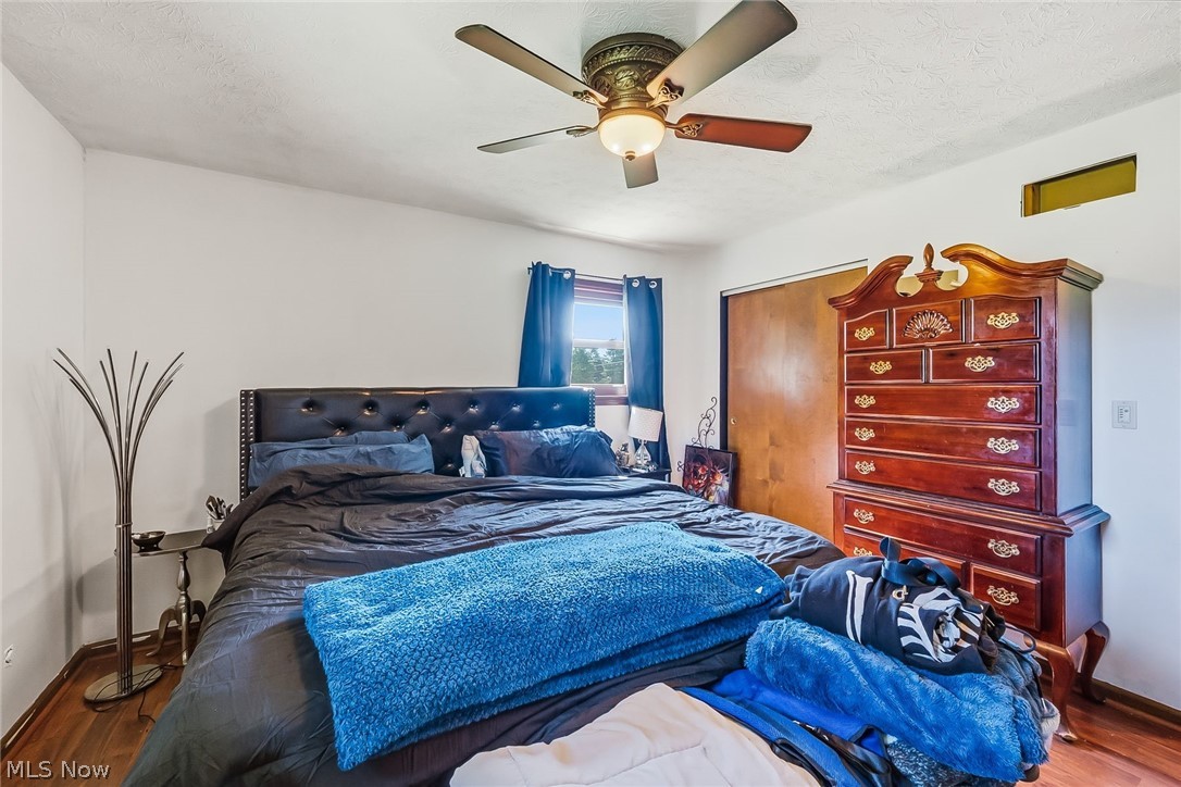 6890 Refugee Road Pickerington, OH 43147 - Photo 25 of 49 Spacious bedroom featuring wood-finish flooring, a ceiling fan with integrated lighting, a window with dark blue curtains, and a built-in closet with sliding doors