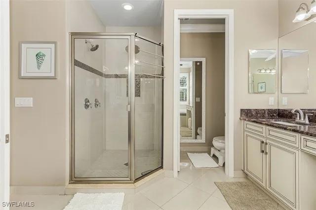 a bathroom with a shower a mirror and a sink