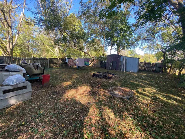 a view of a yard with plants and trees