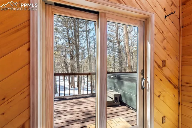a view of a glass door with a from a window
