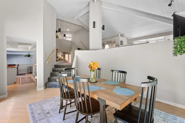 a view of a dining room with furniture